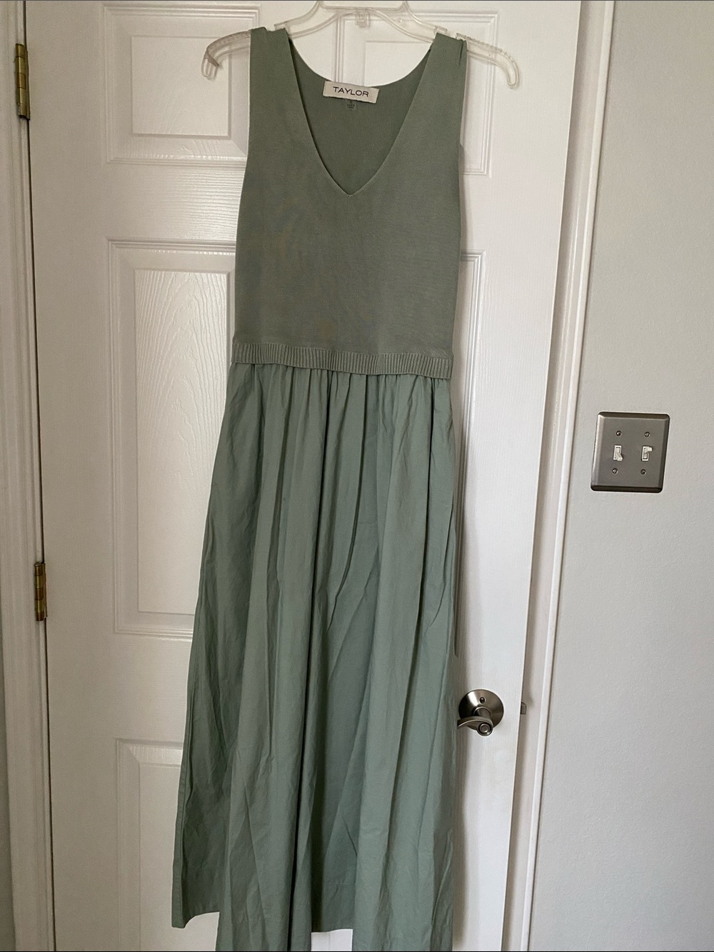 Taylor Sage Green V-Neck Sleeveless Maxi Dress with Gathered Skirt